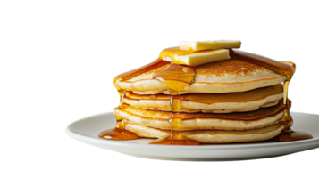 Fluffy pancakes with maple syrup and butter on the transparent background, Format png