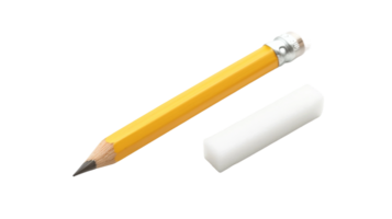Yellow pencil lying next to a white eraser on the transparent background, Format png