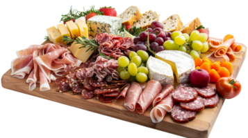 Cheese and charcuterie board with an array of meats on the transparent background, Format png