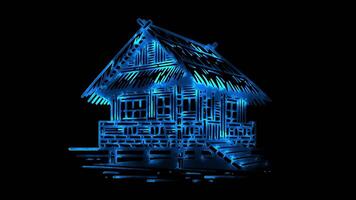 Neon frame effect Bahay Kubo, a traditional Filipino nipa hut Philippines, glow, black background. video