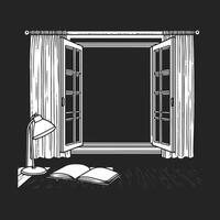 A line-drawn illustration of a window or mirror in black and white. vector