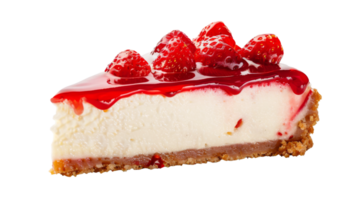 Cheesecake featuring a graham cracker crust and topped with strawberries on the transparent background, Format png
