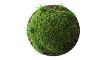 A circular terrain of green grass and earth on the transparent background, Format png