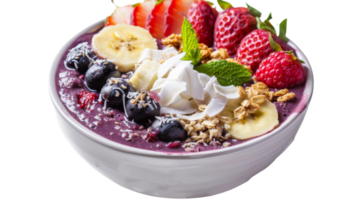 Acai bowl topped with fresh fruits on the transparent background, Format png