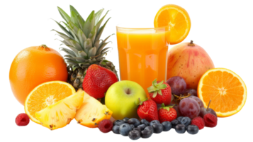 sortido frutas servido com uma refrescante suco em a transparente fundo, formato png