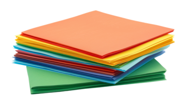 A pile of vibrant construction paper, meticulously stacked on the transparent background, Format png