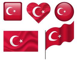 Turkey flag set of icons. flag of Turkey, symbol. Set of Turkish flags button, waved, heart. vector