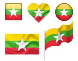 Myanmar flag set of icons. flag of Myanmar symbol. Set of Myanmar flags button, waved, heart. vector