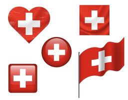 Switzerland flag set of icons. flag of Switzerland, symbol. Set of swiss flags button, waved, heart. vector