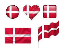 Denmark flag - set of icons. flag of Denmark, symbol. Set of Denmark flags - button, waved, heart. vector