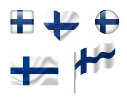 Finland flag - set of icons. flag of Finland, symbol. Set of finnish flags - button, waved, heart. vector