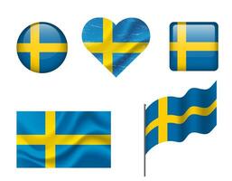 Sweden flag - set of icons. flag of Sweden, symbol. Set of Sweden flags - button, waved, heart. vector