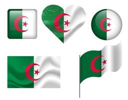 Algeria flag set of icons. flag of Algeria, symbol. Set of Algeria flags button, waved, heart. vector