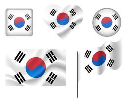 South Korea flag set of icons. flag of South Korea symbol. Set of korean flags button, waved, heart. vector