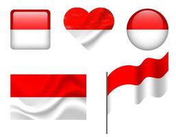 Indonesia flag set of icons. flag of Indonesia symbol. Set of Indonesia flags button, waved, heart. vector