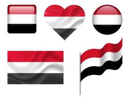 Yemen flag set of icons. flag of Yemen, symbol. Set of Yemen flags button, waved, heart. vector