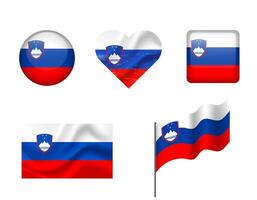 Slovenia flag - set of icons. flag of Slovenia, symbol. Set of Slovenian flags - button, waved, heart. vector