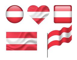Austria flag - set of icons. flag of Austria, symbol. Set of austrian flags - button, waved, heart. vector