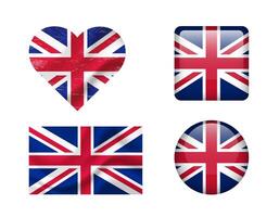 The United Kingdom flag set of icons. flag of UK, symbol. Set of british flags button, waved, heart. vector