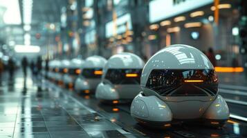A row of sleek, autonomous pods awaits passengers in a modern and bustling public transportation hub of the future. photo