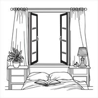 A line-drawn illustration of a window or mirror in black and white. vector