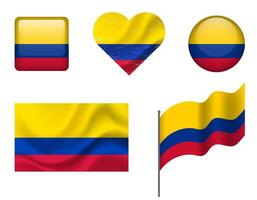 Colombia flag set of icons. flag of Colombia, symbol. Set of Colombia flags button, waved, heart. vector