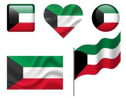Kuwait flag set of icons. flag of Kuwait symbol. Set of Kuwait flags button, waved, heart. vector