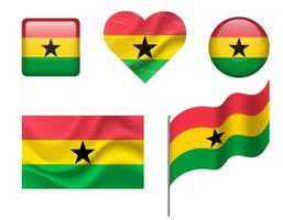 Ghana flag set of icons. flag of Ghana, symbol. Set of Ghana flags button, waved, heart. vector