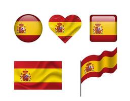 Spain flag - set of icons. flag of Spain, symbol. Set of spanish flags - button, waved, heart. vector