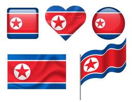 North Korea flag set of icons. flag of North Korea symbol. Set of korean flags button, waved, heart. vector