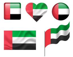 Arab Emirates flag set of icons. flag of UAE, symbol. Set of Arab Emirates flags button, waved, heart. vector