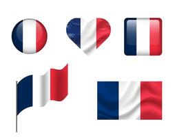France flag set of icons. flag of France, symbol. Set of french flags - button, waved, heart. vector