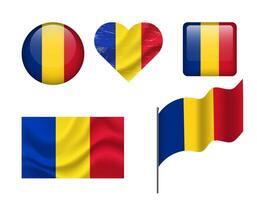 Romania flag - set of icons. flag of Romania, symbol. Set of romanian flags - button, waved, heart. vector