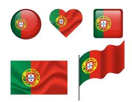 Portugal flag - set of icons. flag of Portugal, symbol. Set of Portugal flags - button, waved, heart. vector
