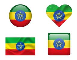 Ethiopia flag set of icons. flag of Ethiopia, symbol. Set of Ethiopia flags button, waved, heart. vector