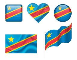 flag Democratic Republic Congo flag set of icons. flag of DRC, symbol. Set of Congo flags button, waved, heart. vector