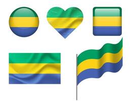 Gabon flag set of icons. flag of Gabon, symbol. Set of Gabon flags button, waved, heart. vector
