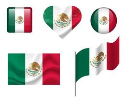 Mexico flag set of icons. flag of Mexico, symbol. Set of Mexican flags button, waved, heart. vector