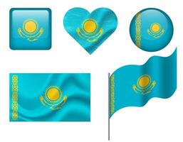 Kazakhstan flag set of icons. flag of Kazakhstan, symbol. Set of Kazakhstan flags button, waved, heart. vector