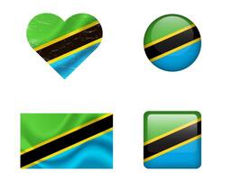 Tanzania flag set of icons. flag of Tanzania, symbol. Set of Tanzania flags button, waved, heart. vector