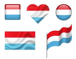 Luxembourg flag set of icons. flag of Luxembourg, symbol. Set of Luxembourg flags button, waved, heart. vector