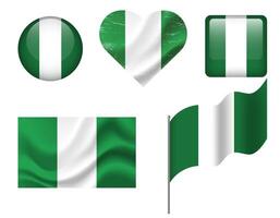 Nigeria flag set of icons. flag of Nigeria, symbol. Set of Nigerian flags button, waved, heart. vector