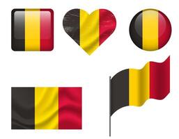 Belgium flag - set of icons. flag of Belgium, symbol. Set of Belgian flags - button, waved, heart. vector