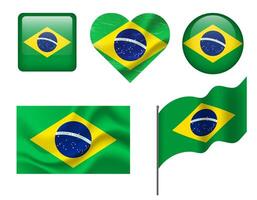 Brazil flag set of icons. flag of Brazil, symbol. Set of Brazilian flags button, waved, heart. vector