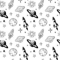 Monochrome seamless pattern with planets and rocket. Space background. Hand drawn space elements. vector