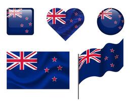New Zealand flag set of icons. flag of New Zealand, symbol. Set of New Zealand flags button, waved, heart. vector