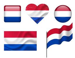 Netherlands flag set of icons. flag of Netherlands, symbol. Set of Netherlands flags button, waved, heart. vector