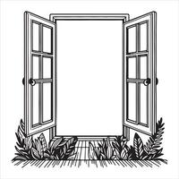 A line-drawn illustration of a window or mirror in black and white. vector