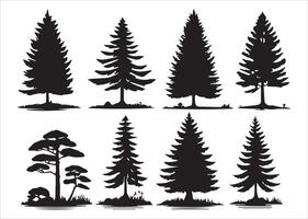 Various types of Vintage woodland pine trees with ground soil silhouette vector