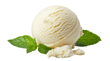 A serving of vanilla ice cream garnished with a mint leaf on the transparent background, Format png